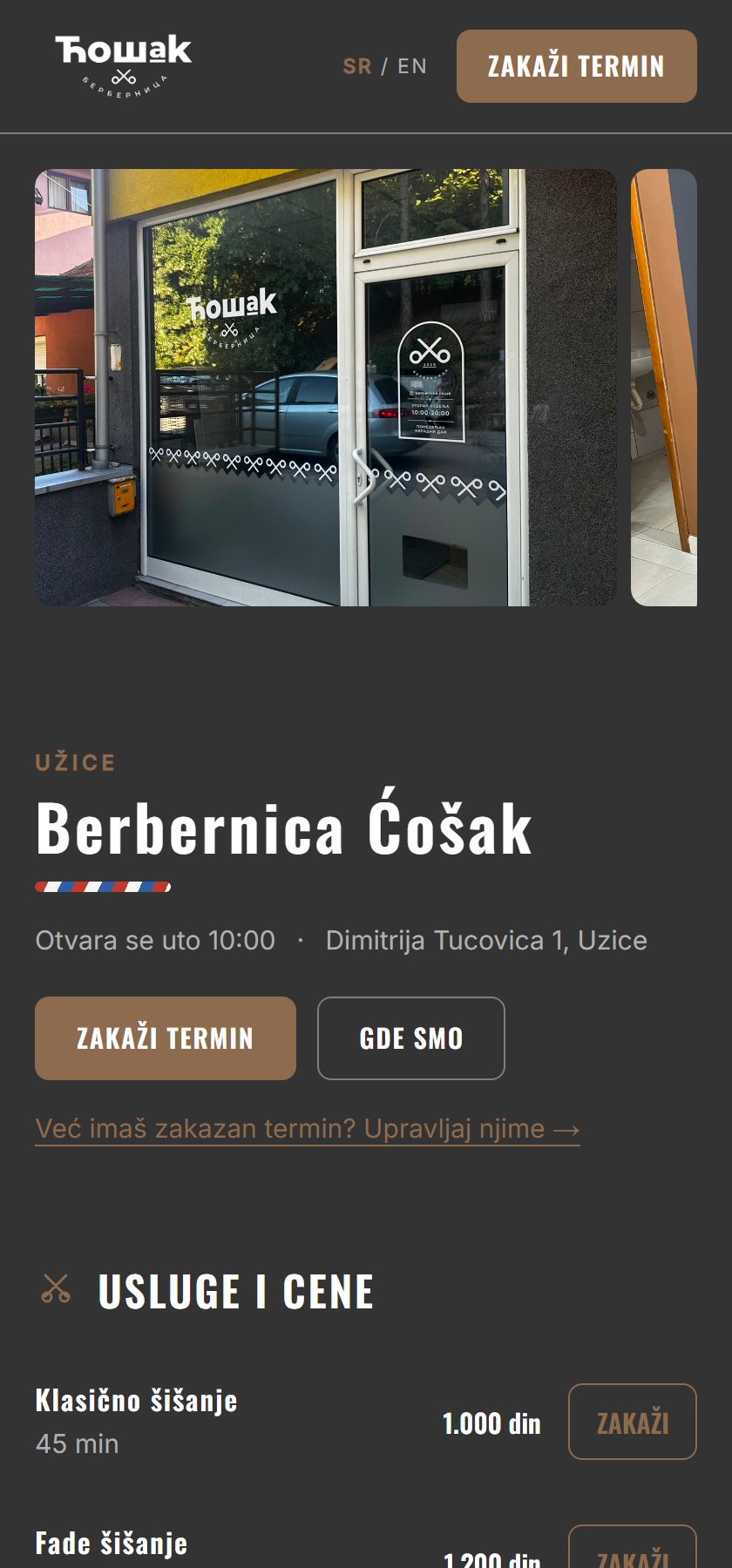 Sajt Berbernice Ćošak na telefonu: fotografije, naziv, dugme „Zakaži termin“ i spisak usluga sa cenama.